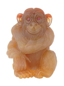 RUSSIAN CARVED AGATE AND RUBY FIGURE OF A MONKEY