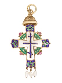 RUSSIAN SILVER ENAMEL CROSS PENDANT W RUBIES AND PEARLS