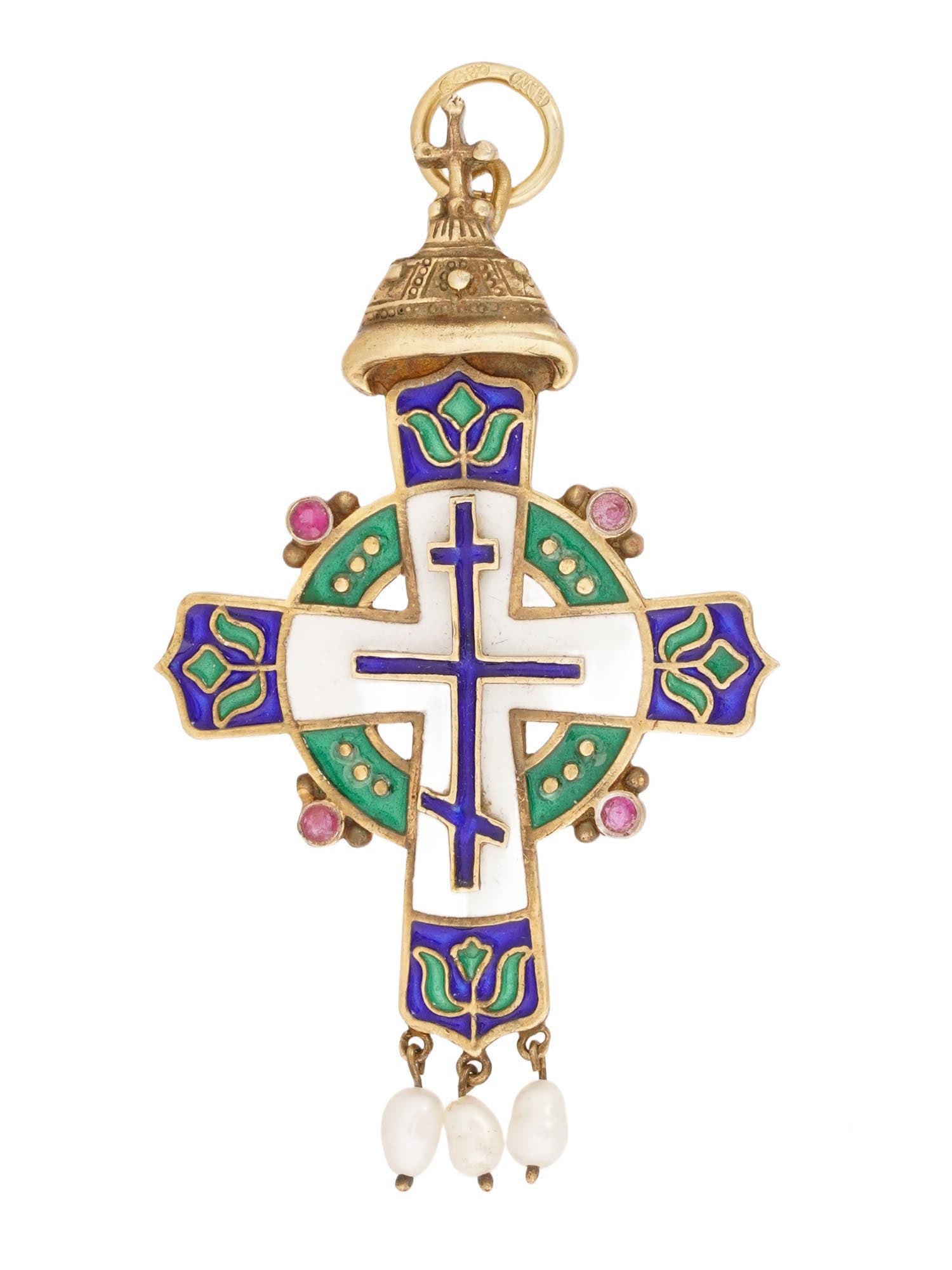 RUSSIAN SILVER ENAMEL CROSS PENDANT W RUBIES AND PEARLS (1 of 7)