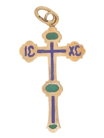 RUSSIAN GILT SILVER PLIQUE A JOUR ENAMEL CROSS PENDANT