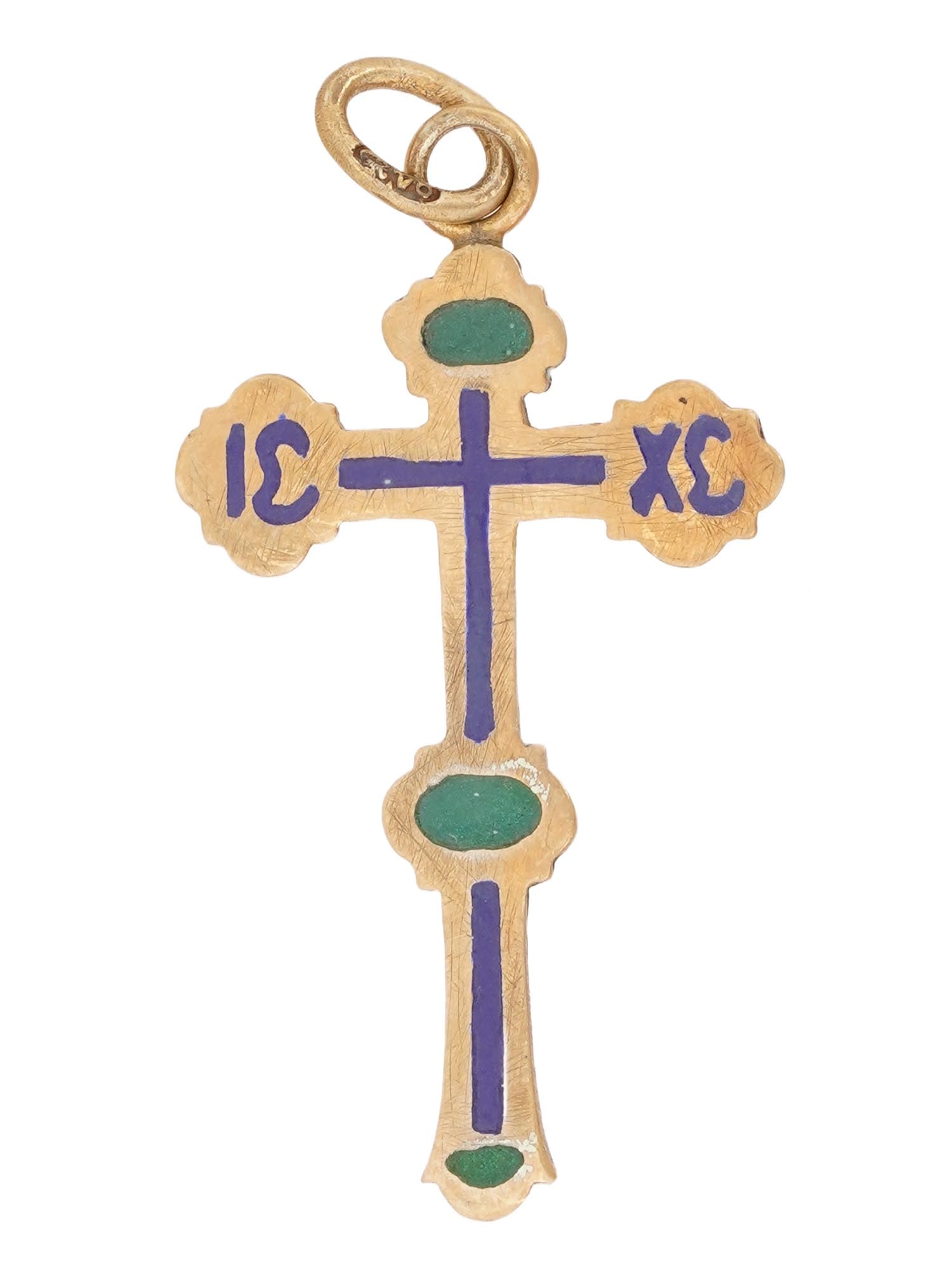 RUSSIAN GILT SILVER PLIQUE A JOUR ENAMEL CROSS PENDANT: A Russian Orthodox gilt silver cross pendant, decorated with cobalt blue and emerald green Plique-a-jour enamel. Hallmarked on a fitting ring with an 84 Imperial Russian silver standard and George the