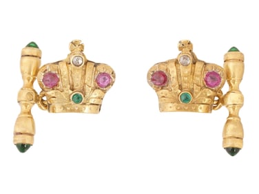 RUSSIAN GILT SILVER ENAMEL DIAMONDS GEMS CROWN CUFFLINKS