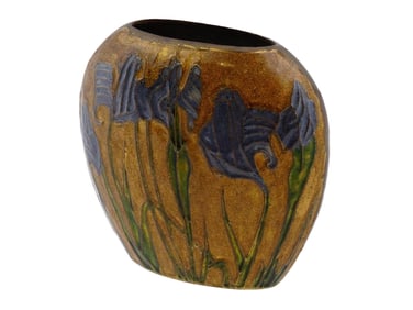 ART NOUVEAU CLOISONNE ENAMEL BRASS VASE W IRISES
