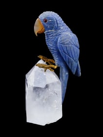 LAPIS LAZULI PARROT FIGURINE ON MILKY QUARTZ BASE