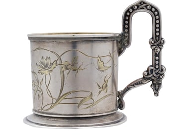 RUSSIAN 84 SILVER ENGRAVED GLASS HOLDER WITH HANDLE