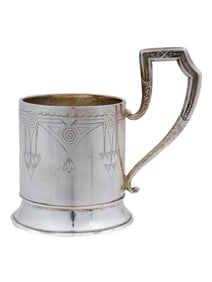 RUSSIAN SILVER TEA GLASS HOLDER WITH ENGRAVED DECOR