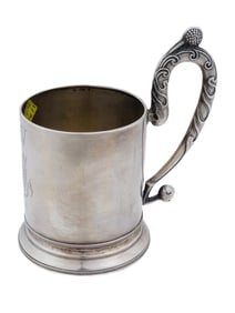RUSSIAN SILVER TEA GLASS HOLDER WITH ENGRAVED DECOR