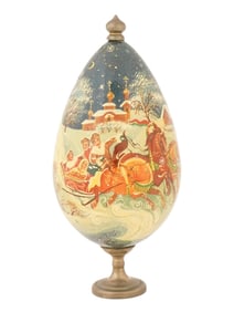 RUSSIAN HAND PAINTED LACQUER EGG TROIKA ON A STAND