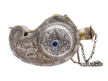 ANTIQUE SILVER BRASS MOUNTED POWDER FLASK