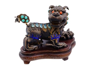 CHINESE ENAMEL FILIGREE SILVER FOO DOG FIGURINE
