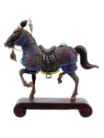 CHINESE ENAMEL SILVER STONES HORSE FIGURE W STAND