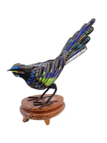 CHINESE ENAMEL FILIGREE SILVER BIRD FIGURINE W STAND