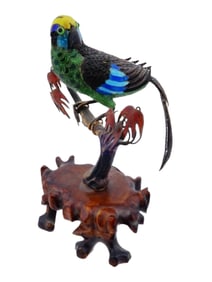 CHINESE ENAMEL FILIGREE SILVER BIRD FIGURINE W STAND