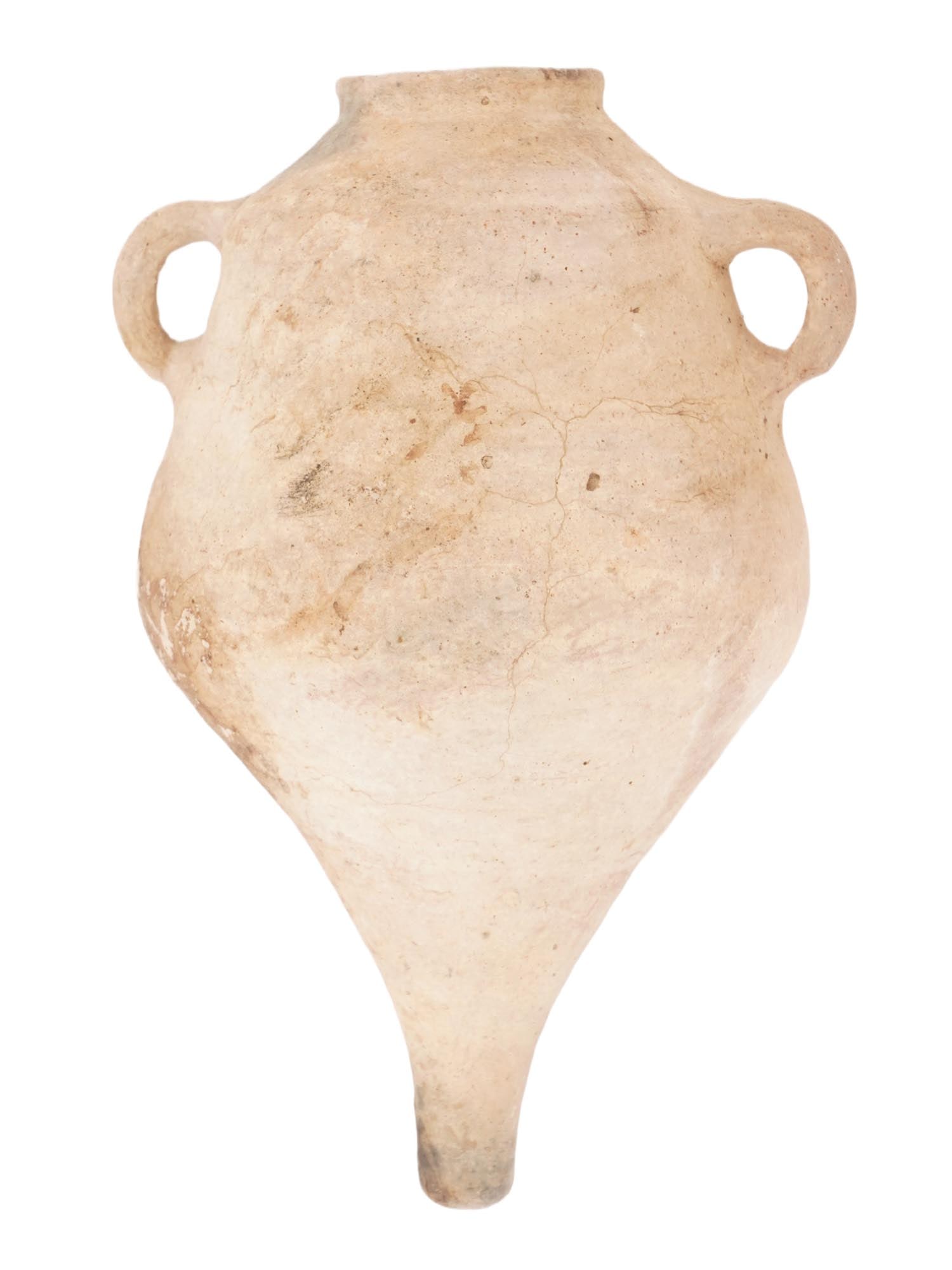 ANCIENT BYZANTINE TERRACOTTA WINE AMPHORA 200 TO 400 AD: An ancient Byzantine terracotta wine amphora. Adorned with two small curved handles on either side. Has a cone shaped bottom and wider body. Circa 200 to 400 AD. Ancient Byzantine Ceramic Collectibles