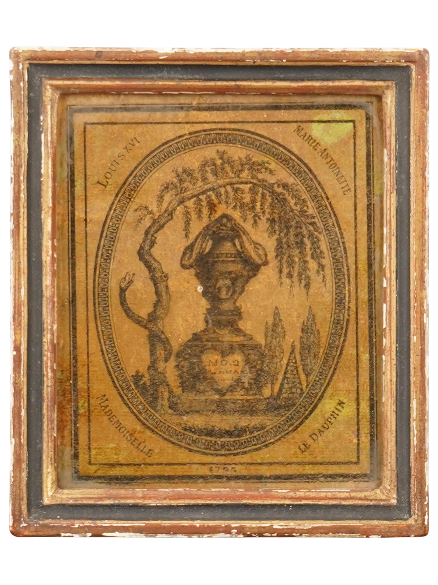 ANTIQUE FRENCH REVOLUTION ENGRAVING BURIAL LOUIS XVI: An antique French Revolutionary-era engraving commemorating the burial of King Louis XVI, Queen Marie Antoinette, and their children. Features a funerary urn beneath a weeping willow tree, with the ne