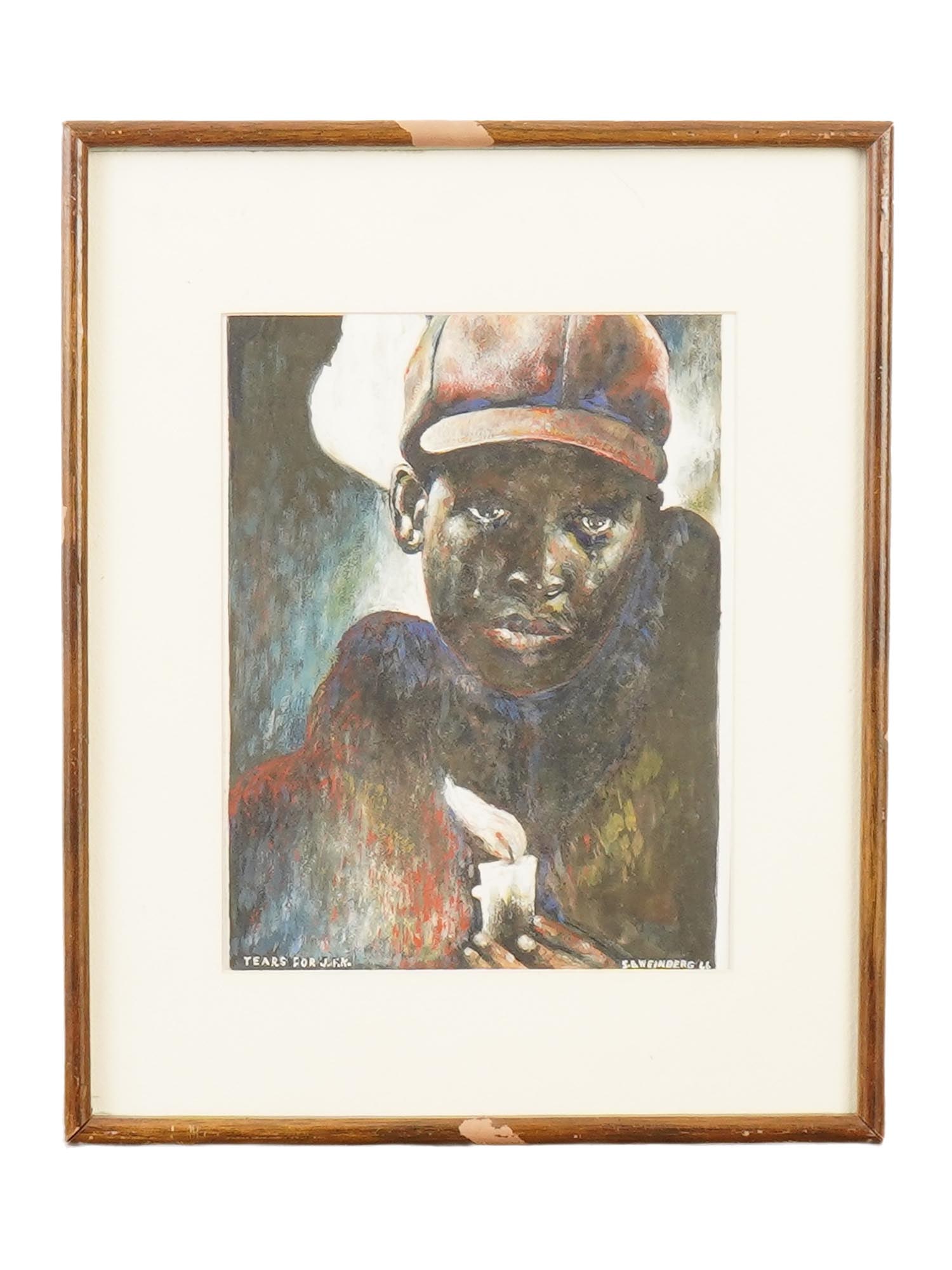 AMERICAN PAINTING BY WEINBERG TEARS FOR J.F.K. 1966: A gouache painting on paper titled Tears for J.F.K., depicting a crying man, signed S.E. Weinberg and dated 1966 lower right, with the title inscribed lower left. Framed. Portrait Paintings And Americ