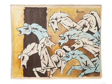ATTR MF HUSAIN INDIAN ACRYLIC PAINTING HORSES