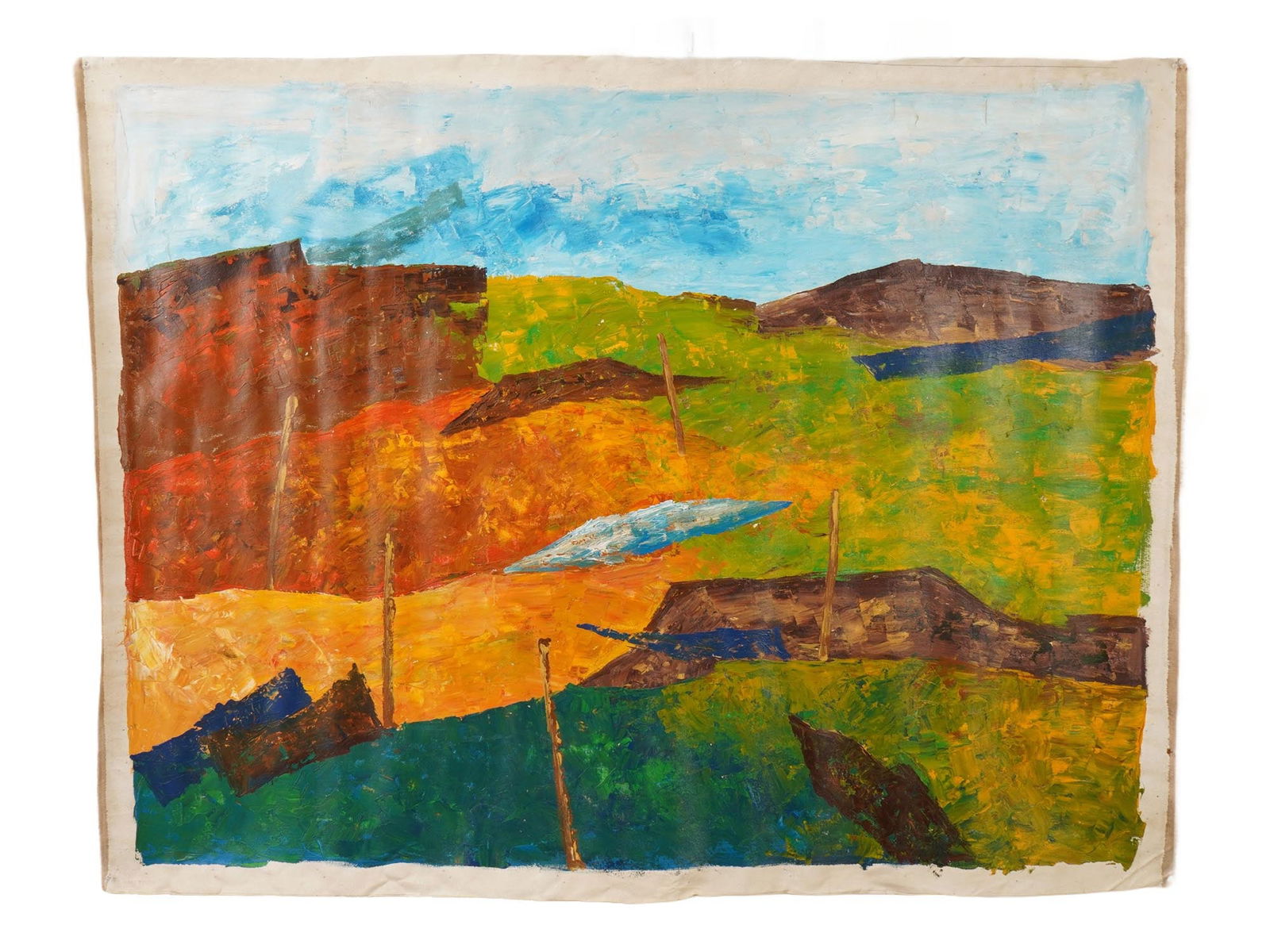 SIGNED RAM KUMAR INDIAN LANDSCAPE PAINTING W COA: Oil on canvas painting, signed Ram Kumar, Indian, 1924 to 2018. The artwork represents an abstract landscape. Signed on the backside. Undated. Unframed. The artwork comes with a certificate. Ram Kumar