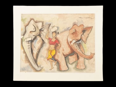 INDIAN WATERCOLOR PAINTING SIGNED MAQBOOL HUSAIN W COA