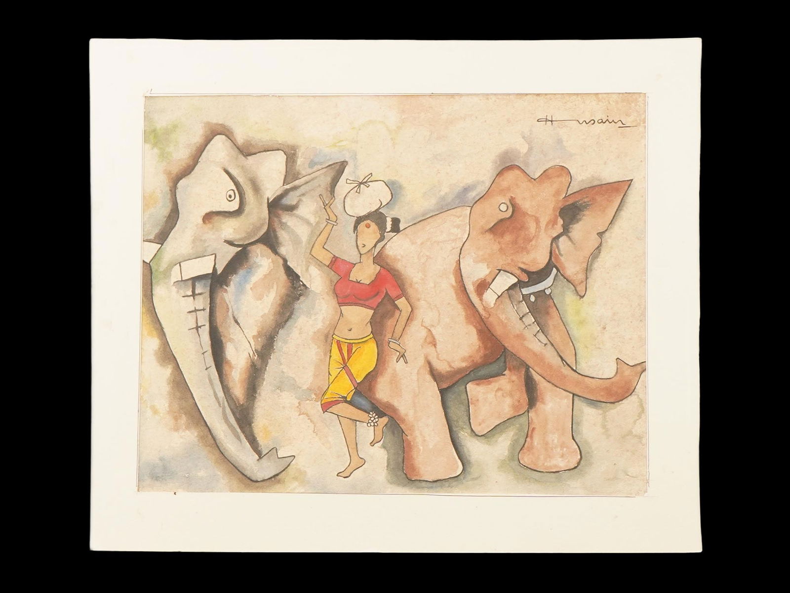 INDIAN WATERCOLOR PAINTING SIGNED MAQBOOL HUSAIN W COA (1 of 5)