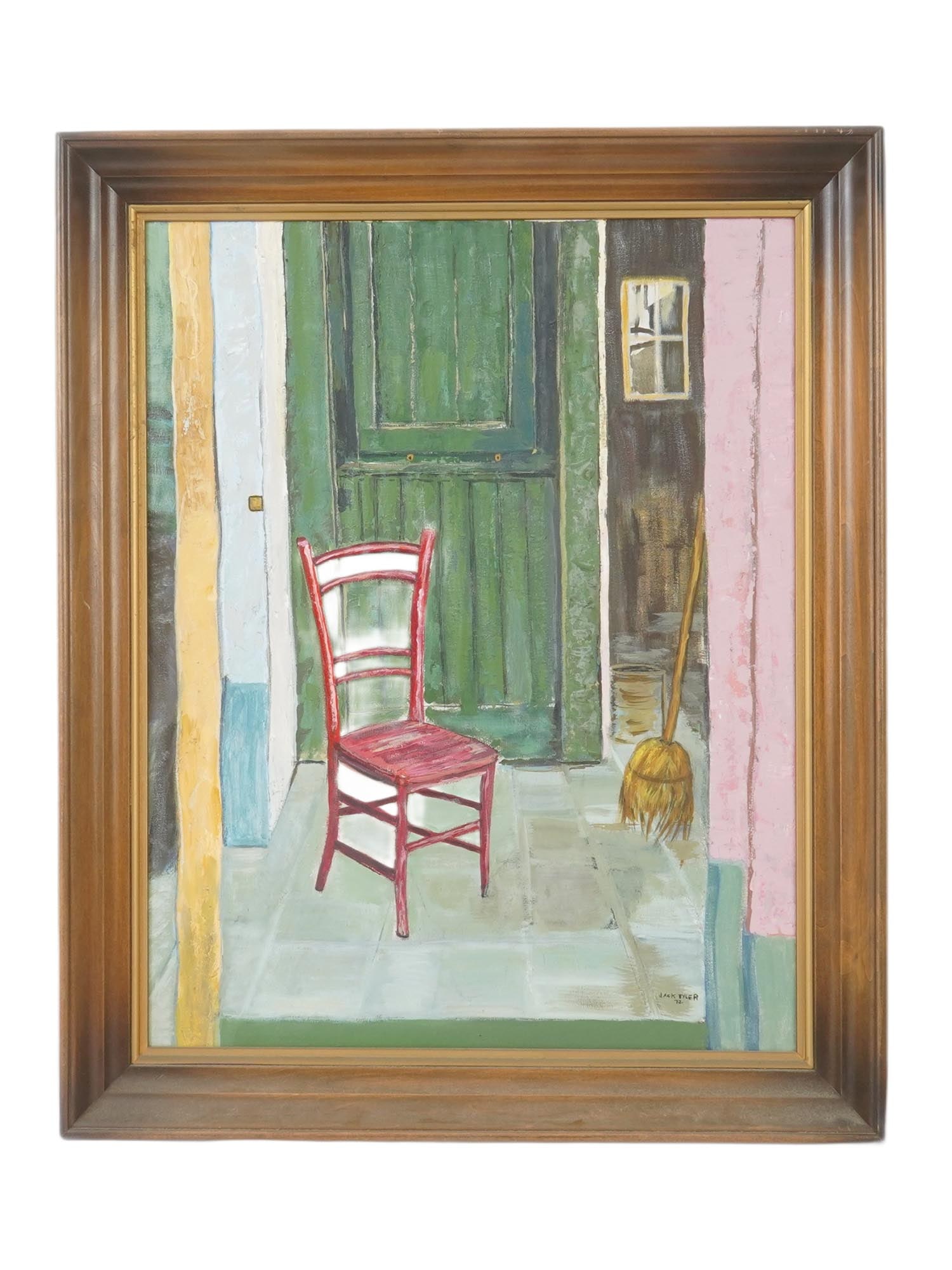 AMERICAN OIL PAINTING INTERIOR BY JACK TYLER 1967: An American oil painting on canvas, signed and dated Jack Tyler, 1967 at the lower right, presented in a frame. The composition exemplifies mid-20th-century American artistry, showcasing a scene with 