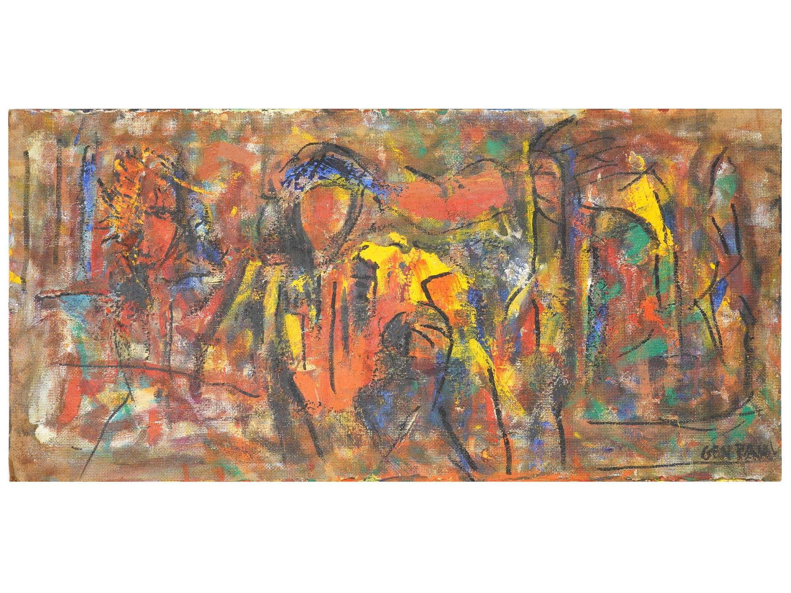 FRENCH PAINTING BY GEN PAUL ABSTRACT COMPOSITION: Gen Paul, French, 1895 to 1975, an oil painting on canvas depicting an abstract composition with human silhouettes. Signed lower right. Gen Paul was a painter and engraver. Due to the dynamism and mot