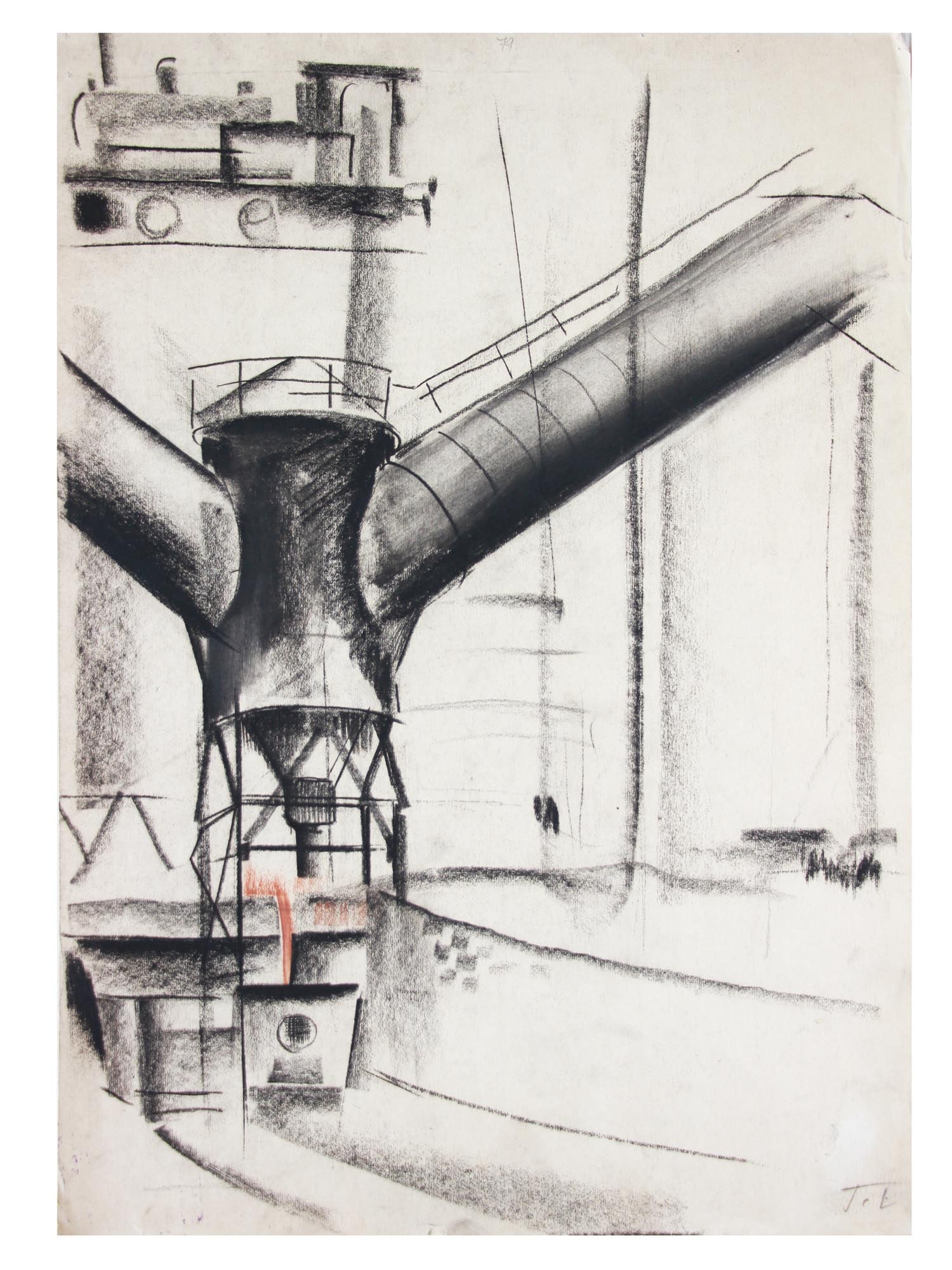 RUSSIAN SOVIET CHARCOAL PAINTING BY SEMION PAVLOV: Semion Andreevich Pavlov (Russian, Soviet, 1893-1941) charcoal and sanguine painting on paper, The Plant #2. Signed with initials, lower right. Circa 1931. Numbered, 79, and titled, on verso. The labe