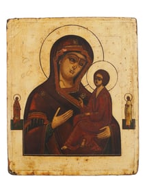 ANTIQUE 19TH C RUSSIAN ICON VIRGIN OF TIKHVIN