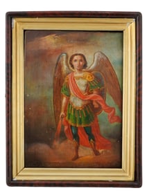 ANTIQUE 19TH C RUSSIAN ICON OF ST MICHAEL IN KIOT