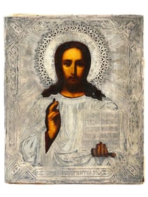 ANTIQUE RUSSIAN ORTHODOX JESUS ICON IN SILVER RIZA