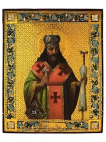 ANTIQUE 19 C RUSSIAN HAND PAINTED ICON OF ST FEODOSIY