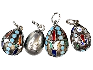 19TH C RUSSIAN SILVER ENAMEL EASTER EGG PENDANTS CHAIN