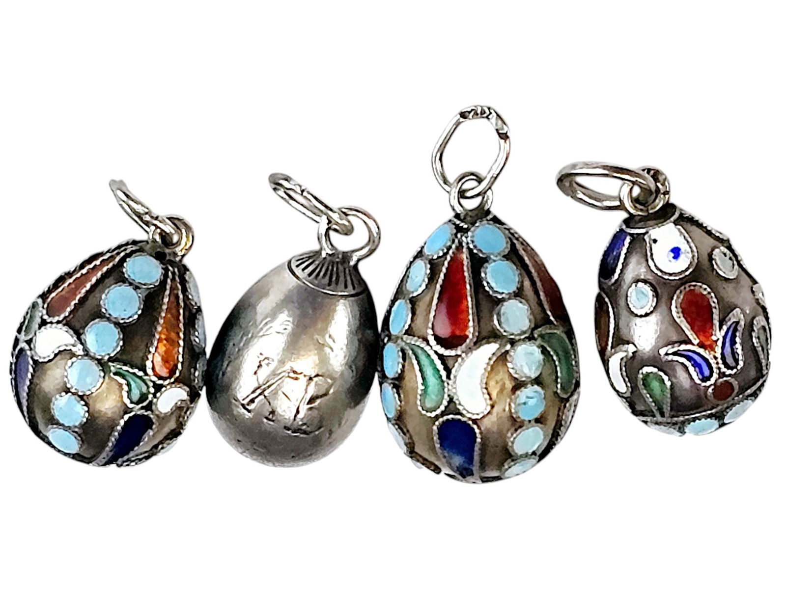 19TH C RUSSIAN SILVER ENAMEL EASTER EGG PENDANTS CHAIN (1 of 5)