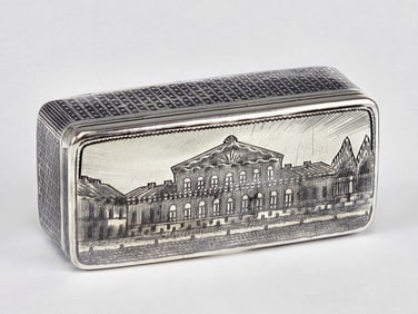 RUSSIAN SILVER NIELLO SNUFF BOX W ARCHITECTURAL SCENES