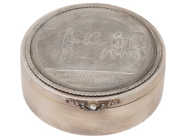 RUSSIAN SILVER PILL BOX WITH DIAMONDS AND MEDAL