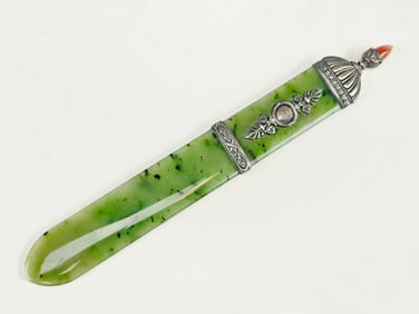 RUSSIAN SILVER NEPHRITE JADE PAPER KNIFE W CARNELIAN