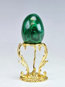 RUSSIAN MALACHITE EGG WITH ORNATE BRONZE STAND