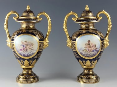 PAIR OF ANTIQUE 19 C ROYAL VIENNA PORCELAIN URNS