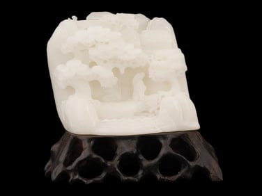 ANTIQUE CHINESE QING WHITE JADE CARVING WITH STAND