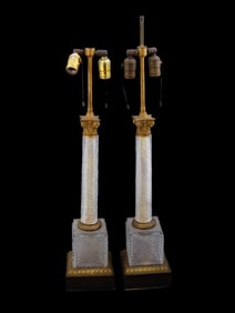 PAIR EMPIRE STYLE CRYSTAL GLASS COLUMH SHAPED LAMPS