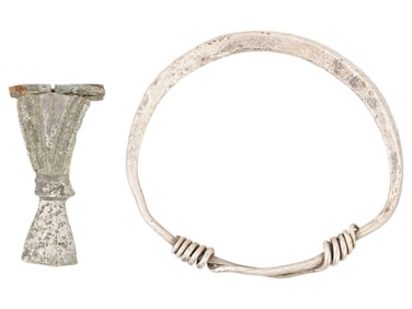 ANCIENT GREEK ENGRAVED FIBULA AND SILVER BRACELET