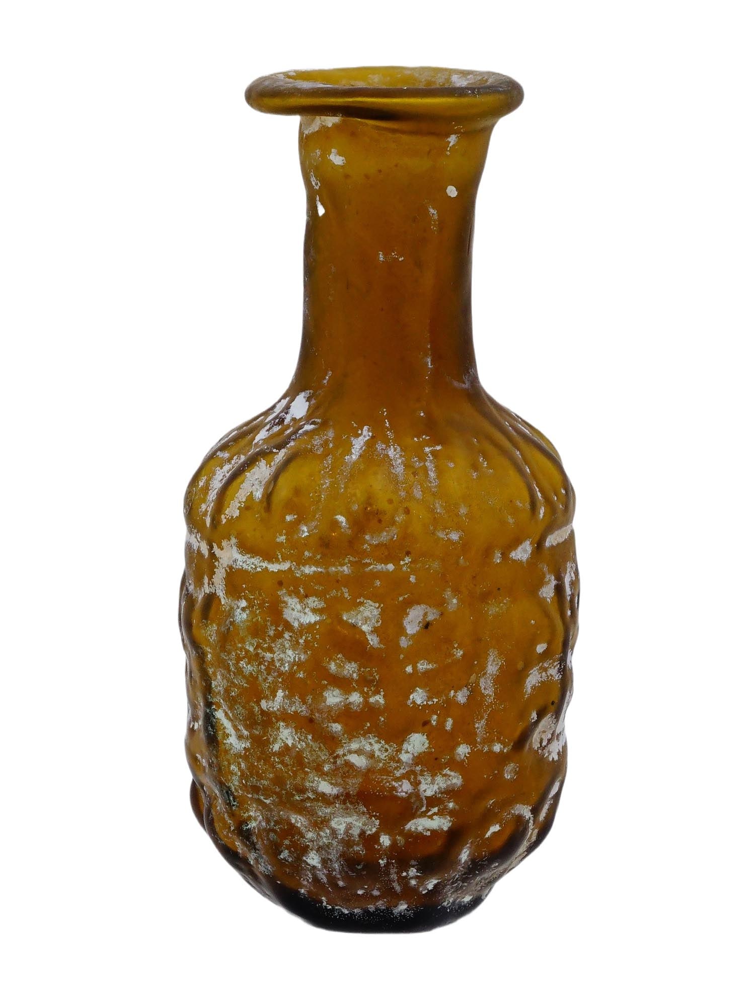 ANCIENT ROMAN SIDONIAN GLASS PERFUME BOTTLE: An ancient Roman Sidonian brown glass perfume bottle. Circa the 2nd AD. Mold formed bottle with an everted rim, downward sloping shoulder and cylindrical neck. Adorned with relief decoration in the re