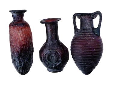 GROUP OF THREE ANCIENT ROMAN GLASS PERFUME BOTTLES