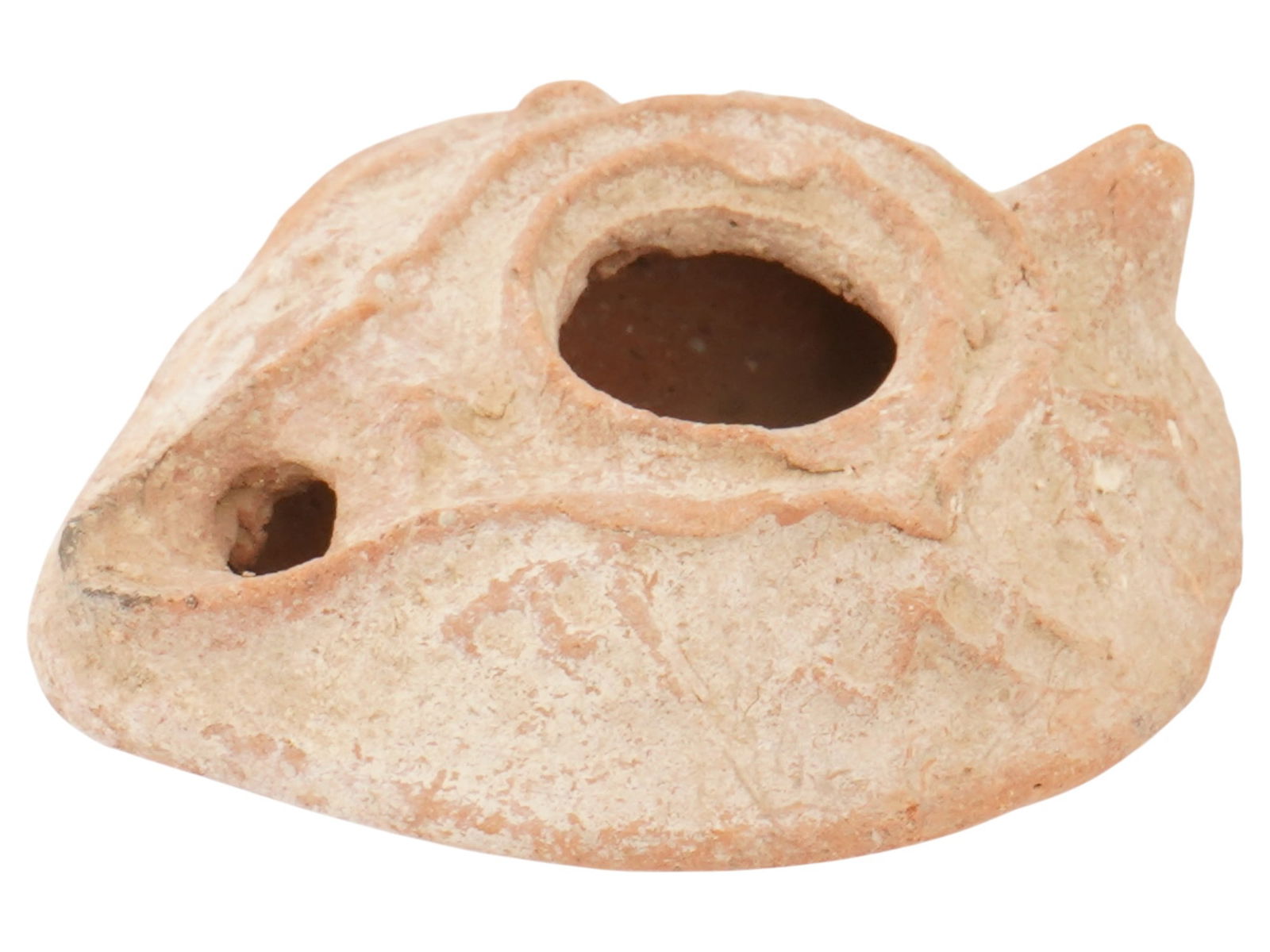 ANCIENT BYZANTINE TERRACOTTA OIL LAMP CIRCA 300 600 AD: An ancient Byzantine terracotta oil lamp, dating to circa 300 to 600 AD, featuring crosses on both the front and back, with incised letters and bird motifs on the shoulders. Crafted from fired clay, t