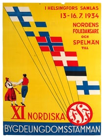 VINTAGE SWEDISH POSTER 1934 NORDIC RURAL YOUTH MEETING