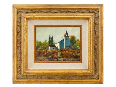 LANDSCAPE OIL PAINTING WITH CHURCH SIGNED W BAILEY