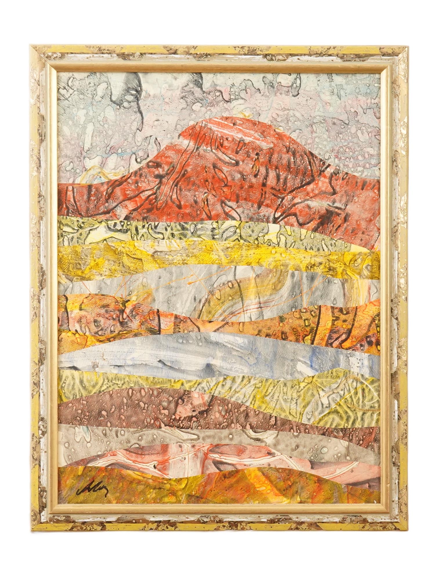 RUSSIAN MIXED MEDIA PAINTING BY ALEKSANDR LOZOVOY: Alexandr Lozovoy, Russian, born 1949, a mixed media, monotype and collage, painting on paper, Scythian Burial Mounds, 2005. Signed lower left. Framed. Additionally signed, titled, dated, and inscribed