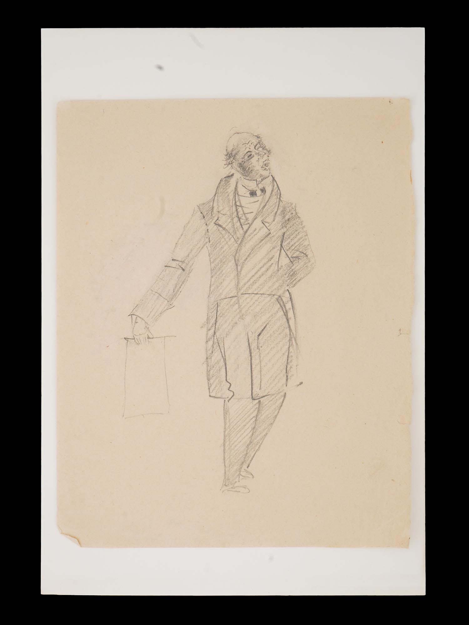 ATTR TO VLADIMIR TATLIN RUSSIAN PAINTING MAN FIGURE: Attributed to Vladimir Tatlin, Russian, 1885 to 1953, a pencil drawing on paper of a man figure. Inscribed in pencil on verso in Russian I certify that this drawing by Tatlin from the 1940s comes from