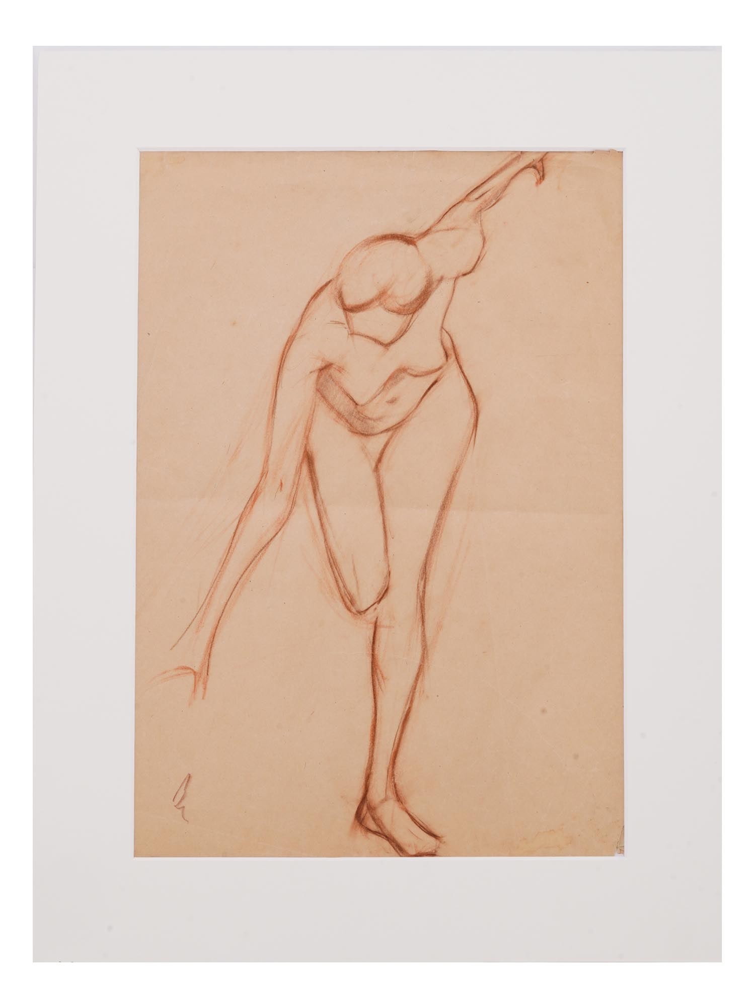 RUSSIAN SKETCH PENCIL PAINTING BY VLADIMIR LEBEDEV: Vladimir Vasilievich Lebedev, Russian, Soviet era, 1891 to 1967, academic sketch pencil painting on paper depicting a female nude figure in motion. Signed with initials lower left. Matted. Vladimir Va