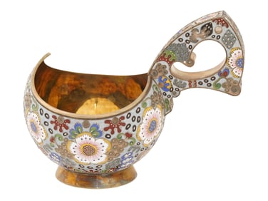 EXTRA LARGE RUSSIAN GILT SILVER CLOISONNE ENAMEL KOVSH